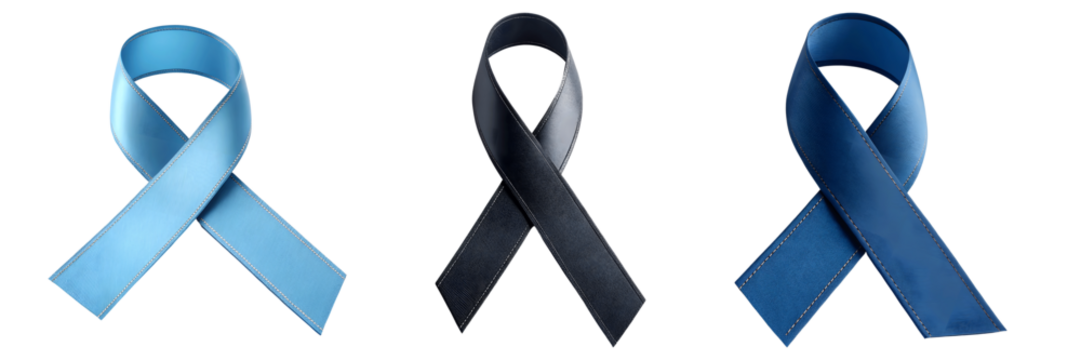 a set for Official mourning black, blue, sky blue ribbon 3D Render on transparent background
