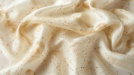 Close up of a cream colored silky fabric with a gold constellation pattern.