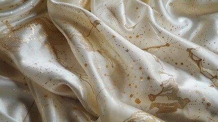 A close-up of a white silky fabric with a golden constellation pattern.