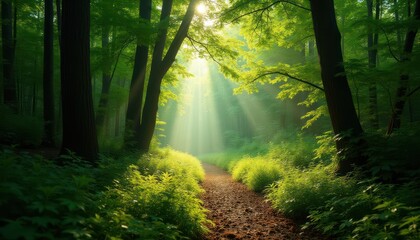 Obraz premium Sunlit pathway through a vibrant green forest, a tranquil nature scene