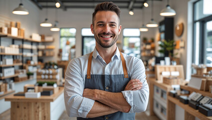 Obraz premium Smiling Retail Shop Owner Standing Behind a Cash Counter in a Well-Organized Store