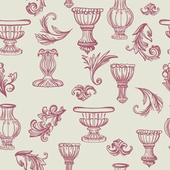 Seamless botanical pattern in toile de jouy style in beige and burgundy color scheme. Digital outline illustration in vintage style for branding, advertising, wedding design