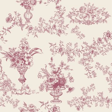 Seamless botanical pattern in toile de jouy style in beige and burgundy color scheme. Digital outline illustration in vintage style for branding, advertising, wedding design