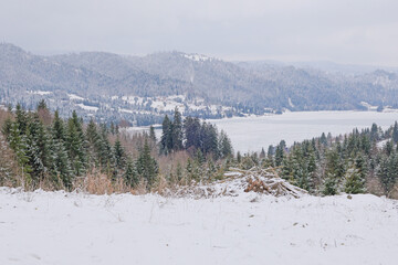 winter landscape with snow and frozen lake