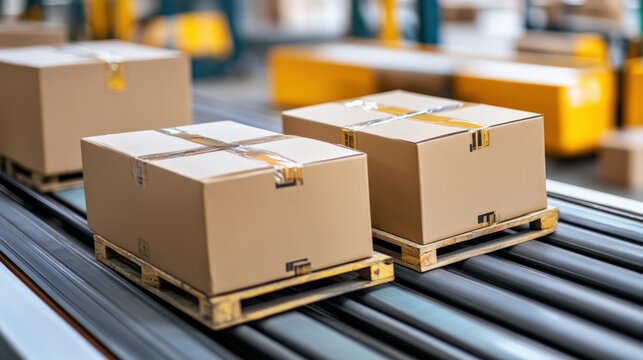 An Overview of Cardboard Packages on Wooden Pallets Moving Along a Warehouse Conveyor System During Distribution Operations