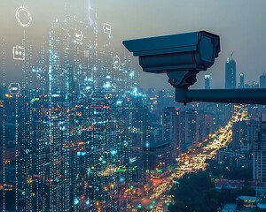 City surveillance camera, night cityscape, digital data overlay, security