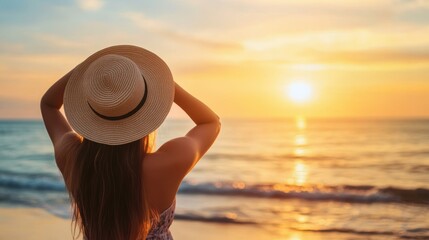 Woman adjusting straw hat while watching the sunset at the beach