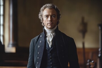 Portrait of a Historical Figure in Period Costume Reflecting 18th Century Fashion and Elegance in a Somber Setting