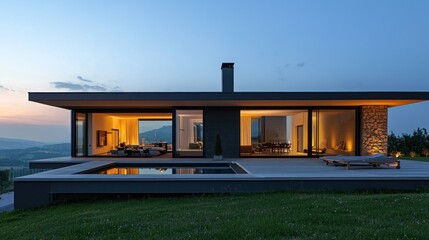 Fototapeta premium Modern Hilltop Villa at Dusk: Architectural Marvel with Panoramic Views