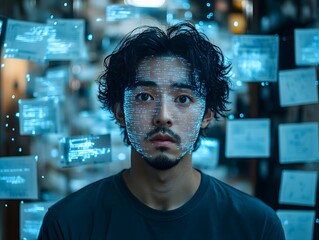 Digital Identity: A man's face is overlaid with a digital grid, surrounded by floating data, representing technology, and connectivity, suggesting the modern age of AI and virtual presence.