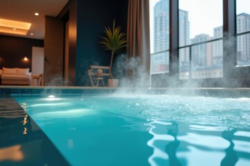 Luxurious Indoor Swimming Pool with Modern Design and City View, Featuring Steam Rising from Water, Located in a Contemporary High-Rise Apartment
