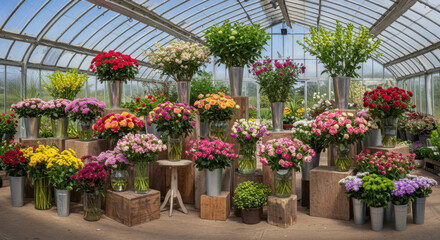 Fototapeta premium Flower shop bouquets and floral arrangements exhibited