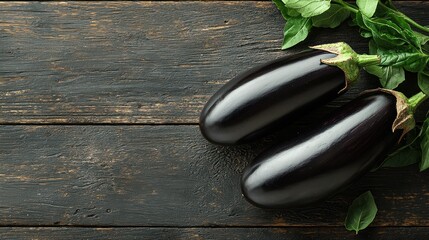 Dark eggplants, basil, wood background, recipe