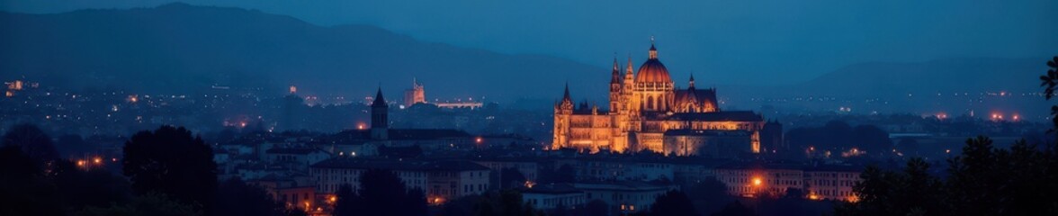 Fototapeta premium Darkened cityscape at night with Angers Cathedral illuminated , old town, cathedral