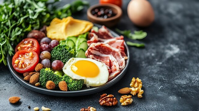 Balanced keto-friendly meal plate promoting mood stabilization and healthy eating habits.

