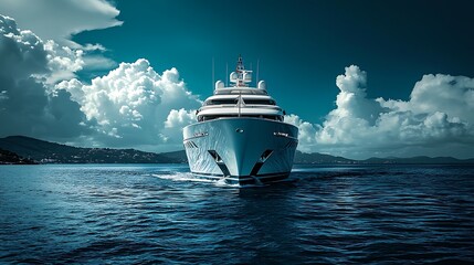 Naklejka premium Luxury yacht sailing on sea, travel, ocean vacation cruise, blue cloudy sky, background relaxation
