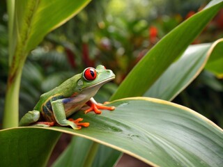 Red eyed tree frogs on leaf