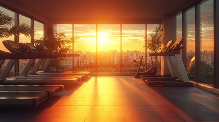 Fototapeta premium Gym interior with treadmill machines at the sunset. Fitness gymnasium exercise recreation workout club center room indoor 8k image