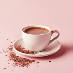 Fototapeta premium White cup of hot chocolate on pink background