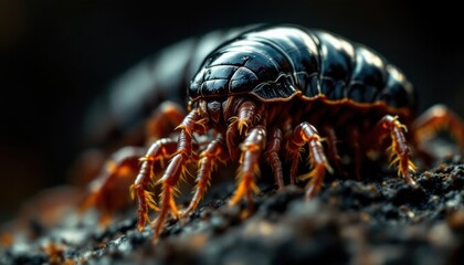 Macro Photography of a Black and Brown Centipede on Dark Soil