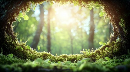 Fototapeta premium Sunlit Forest View Through Mossy Frame