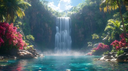 Obraz premium Majestic Tropical Waterfall Surrounded by Lush Palm Trees and Vibrant Flowers
