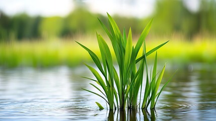 Earth day environmental concept. Close-up of vibrant green grass growing in calm water, symbolizing nature's beauty.