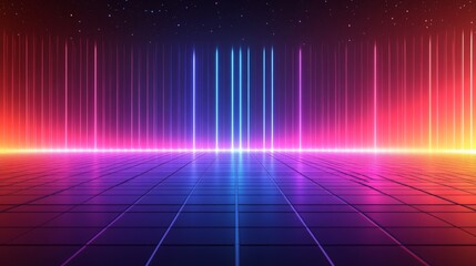 A vibrant 3D retro neon rainbow abstract background with laser lines, styled in a Pride LGBT Synthwave grid videogame look. This VJ template captures a futuristic sci-fi vibe from the 80s, 90s