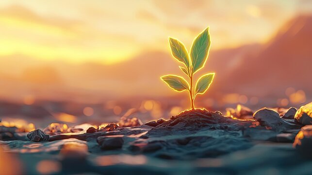 Earth day environmental concept. A young plant sprouting at sunrise, symbolizing growth and new beginnings.