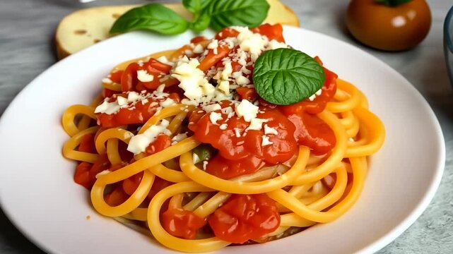 Overhead View of Bucatini Pasta with Tomato Sauce and Cheese Topping in White Plate on a White Background with Olive Oil and Basil
