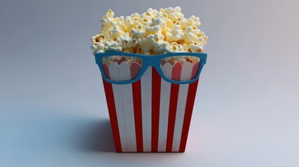 Popcorn in a striped bucket with 3D glasses.