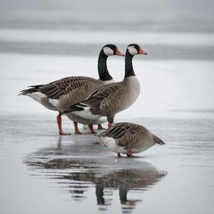A pair of geese standing together in harmony, surrounded by a pure white void.