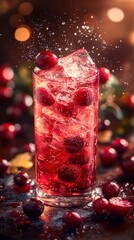 Beverage splash extreme concept. A vibrant drink with ice and cranberries, splashed with sparkling droplets, set against a warm, festive background.