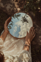 Hands holding a round mirror reflecting blue sky and clouds with tree silhouettes, set against an earthy background with a person in lace clothing. Generative AI