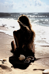 Back view of a woman with long blonde hair sitting on a beach shoreline with ocean waves and seashells, photographed in warm natural light. Generative AI