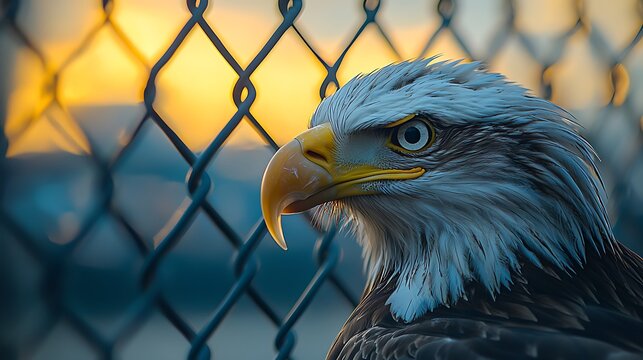 Majestic bald eagle at sunset, wire fence background, wildlife conservation