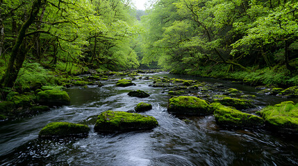 Obraz premium Serene River Flowing Through Mossy Rocks and Lush Green Forest