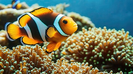 Earth day environmental idea. A vibrant clownfish swimming among colorful coral reefs.