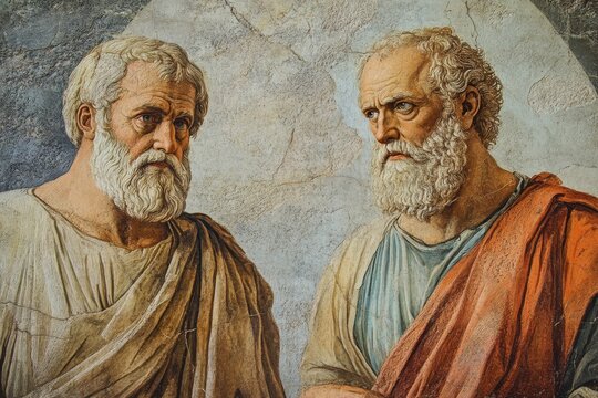 Detailed depiction of two ancient philosophers with beards, robes, and thoughtful expressions in a classic mural style