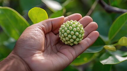 Earth day environmental concept. A hand holding a unique green fruit surrounded by lush green leaves.