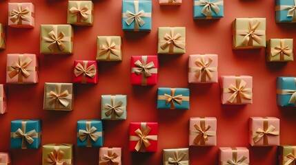 An overhead view of a collection of gift boxes with gold ribbon, on a coral-colored background.