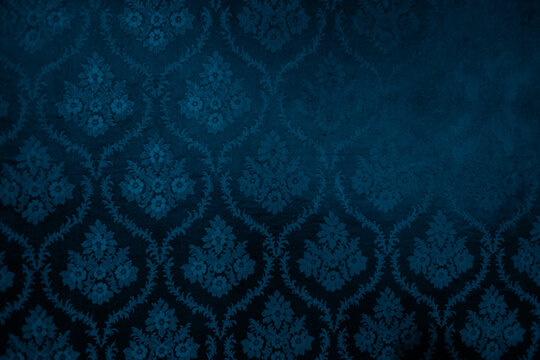Fototapeta Closeup of blue victorian vintage textured textile wall
