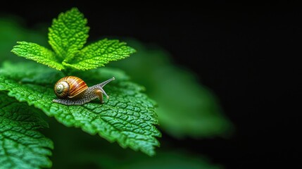 Earth day environmental idea. A close-up of a snail resting on a vibrant green leaf against a dark background.