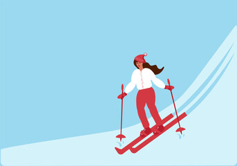 Obraz premium Young woman in winter suit skiing downhill. Winter extreme sport outdoors. Color flat vector illustration