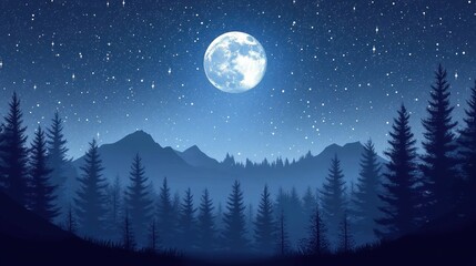 Serene Night Over Forest With Mountains and a Bright Full Moon