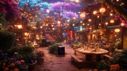 A forest music festival with a spiritual, psychedelic vibe, set under a magical, fantasy, dreamy mountain sky, depicted with glowing neon colors in a cosmic galaxy background illustration