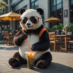 A stylish cartoon panda wearing sunglasses and sipping a bubble tea.