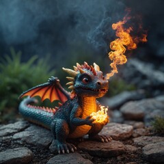A tiny cartoon dragon breathing a little puff of fire, looking adorable.