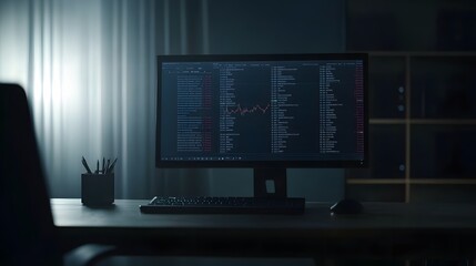 dark office desk with computer showing stock market data