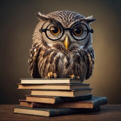 A sleepy cartoon owl wearing tiny round glasses, sitting on a stack of books.